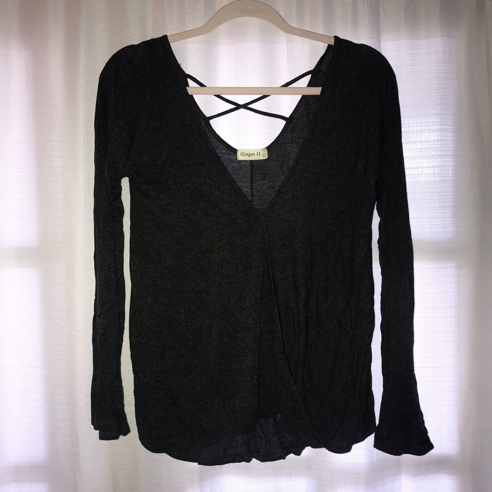 Grey long sleeve wrap front top